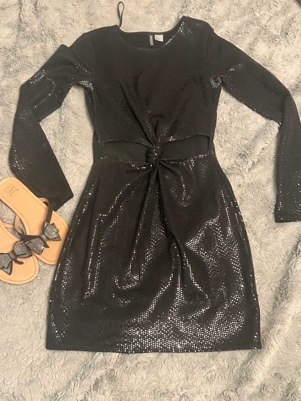 Divided Black Sequin Twist-Front Long Sleeve Dress